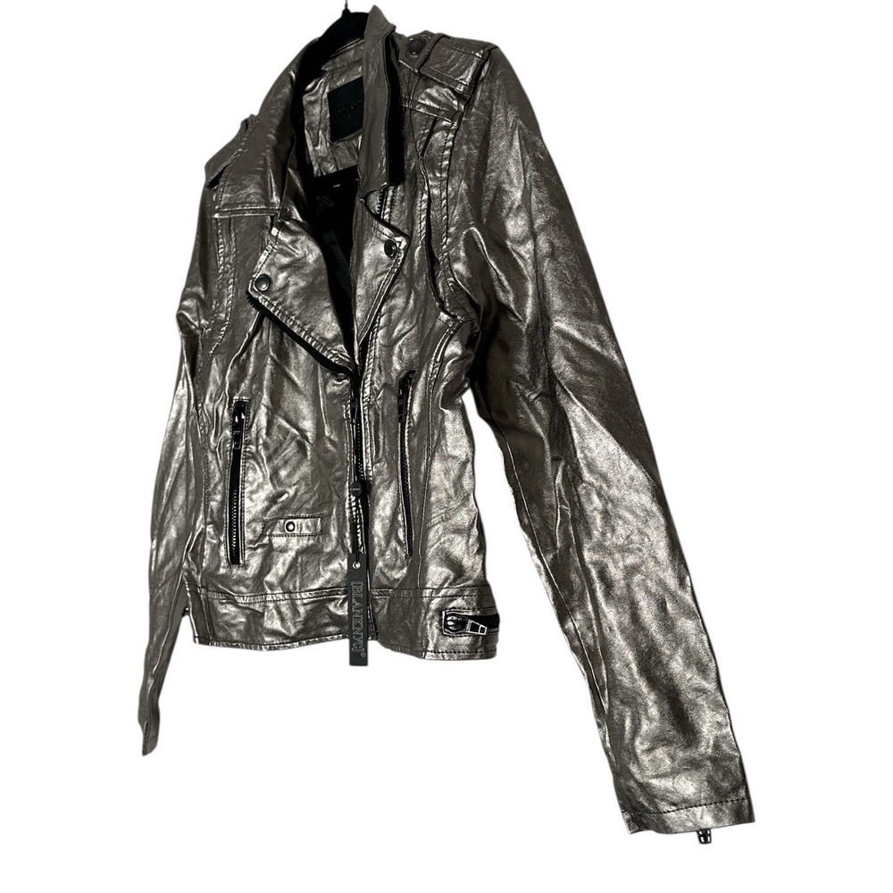 New Blank NYC Jacket Women's XS Silver Faux Leather Pockets Moto Crop Outdoor - Picture 7 of 13